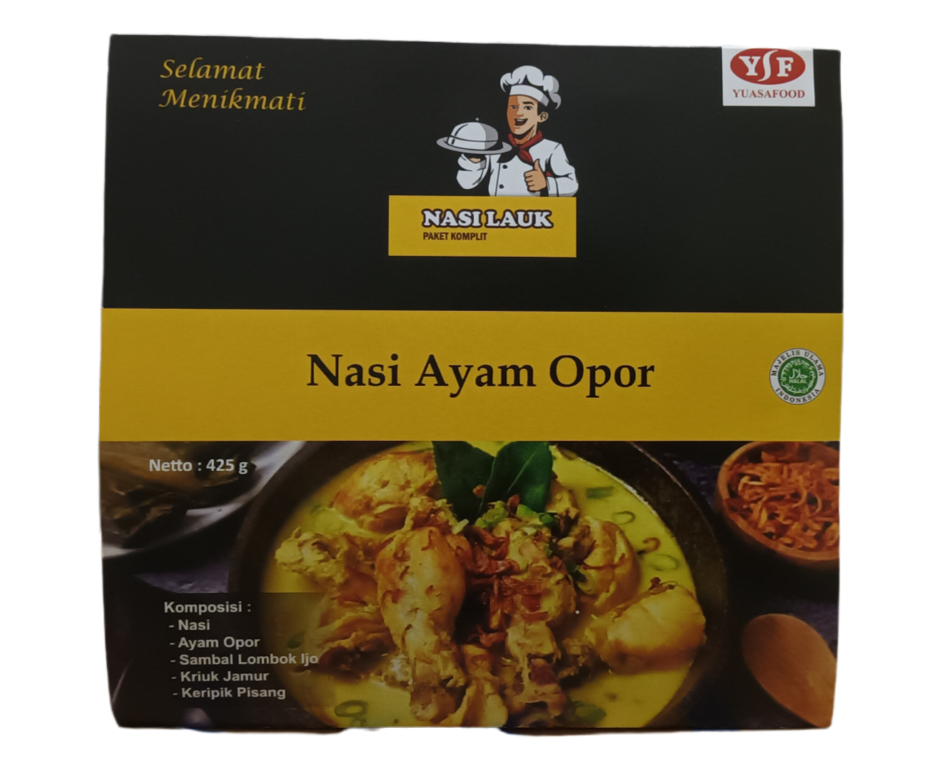 nasi lauk-nasi ayam opor-makanan siap saji dengan pemanas
